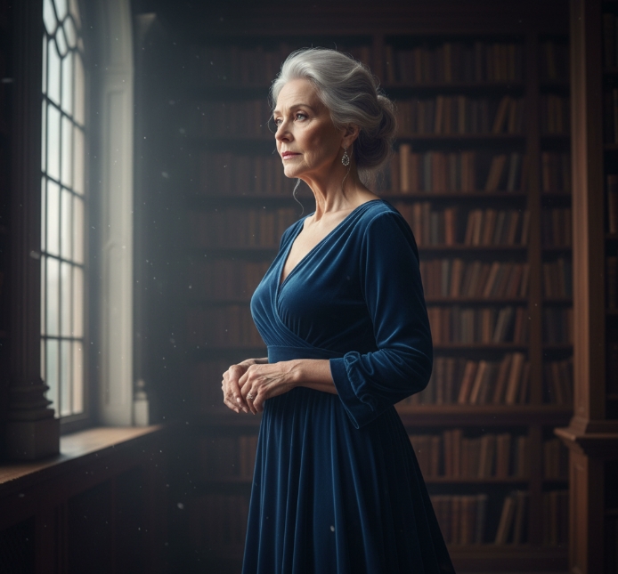 Elegant elderly woman in a library bathed in ethereal light.