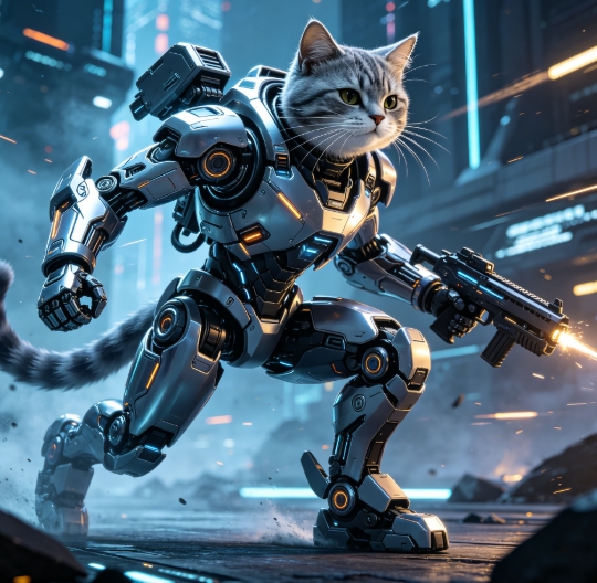 Tabby cat head mecha soldier body swap.