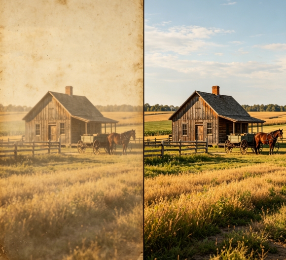 Faded old farmhouse photo restoration.