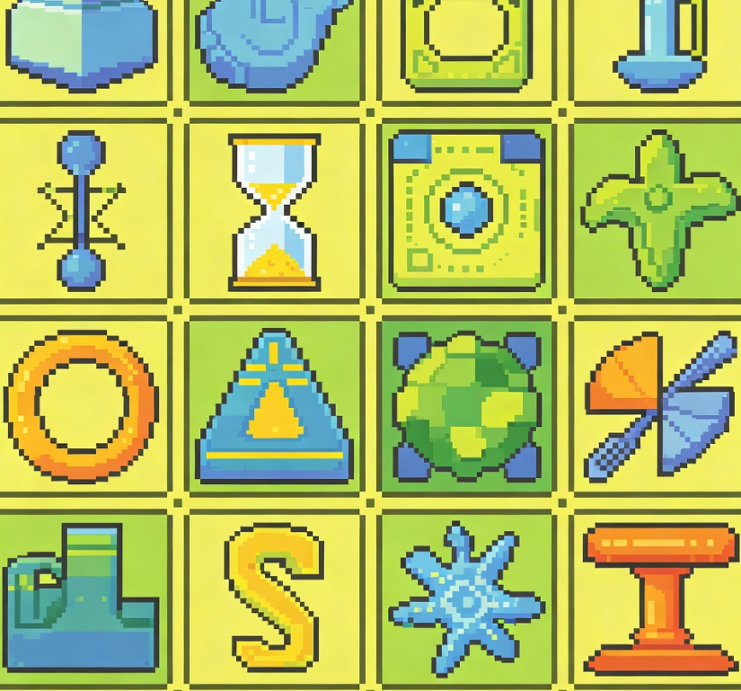 Colorful pixel art game item icons on bright yellow grid.