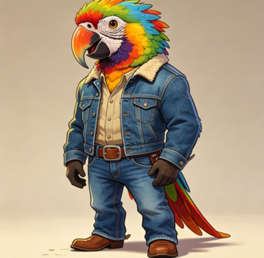 Macaw head cowboy denim outfit body swap cartoon.