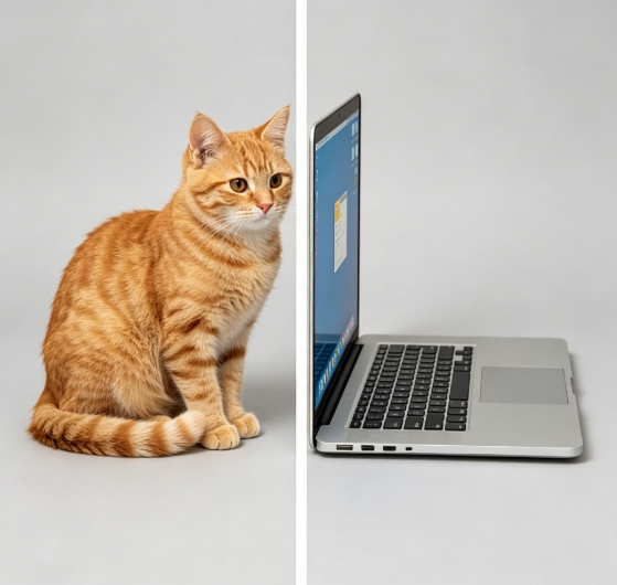 Orange cat and laptop split side by side merge.