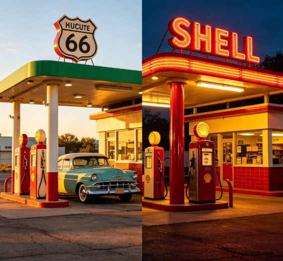 Vintage gas station day to night conversion.