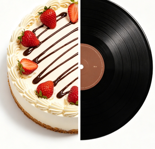 Strawberry cake and vinyl record split side by side merge.
