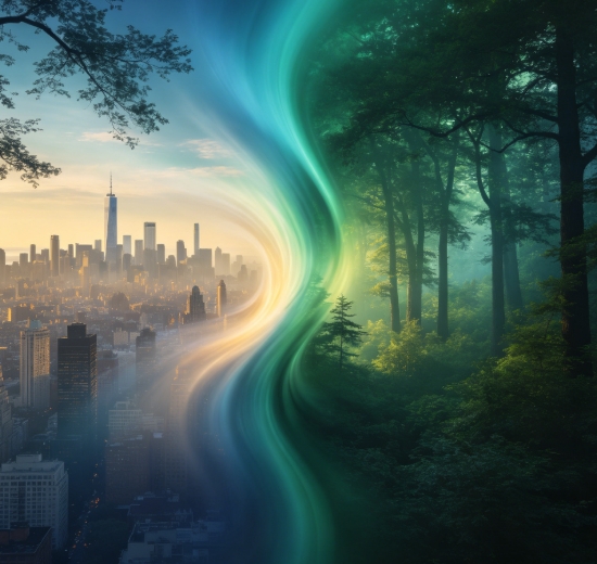 City skyline combined with forest via swirling gradient.