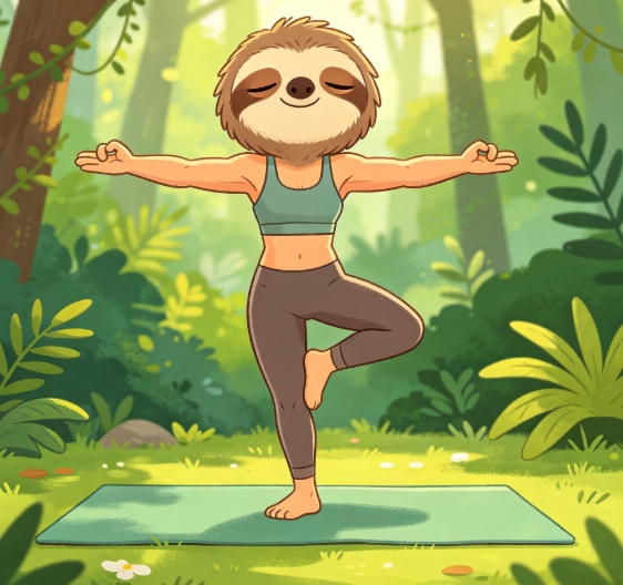 Sloth head yoga instructor character swap in forest.
