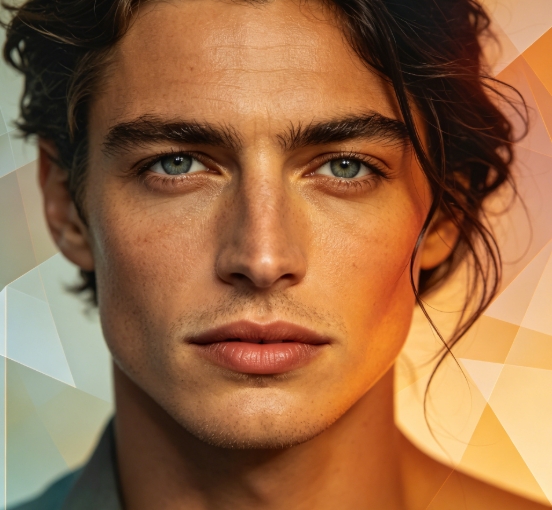 Realistic man portrait with geometric low-poly background.