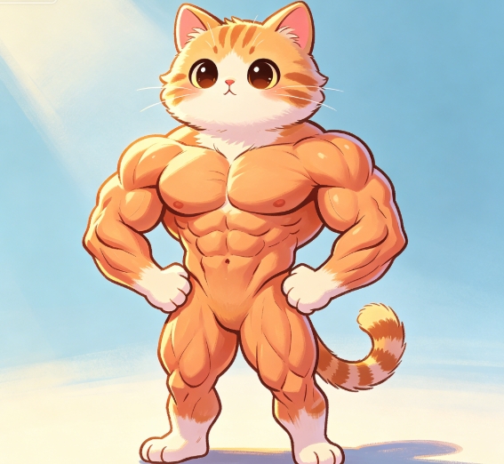 Muscular orange cat body swap cartoon.
