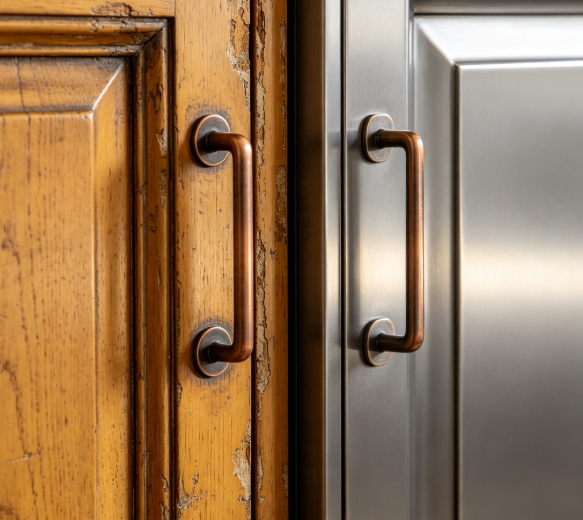 Wooden to stainless steel cabinet material swap.