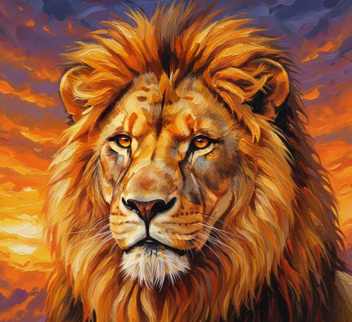 Vibrant oil painting of a majestic lion with a fiery mane at sunset