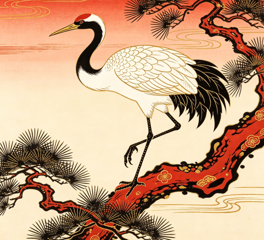 Elegant Japanese ukiyo-e red-crowned crane on red pine branch