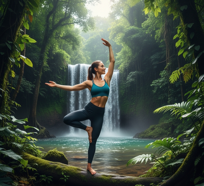 Serene woman doing yoga in misty tropical rainforest waterfall.