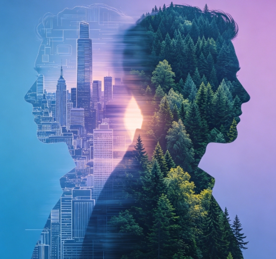 Double exposure of city and forest in human silhouette.