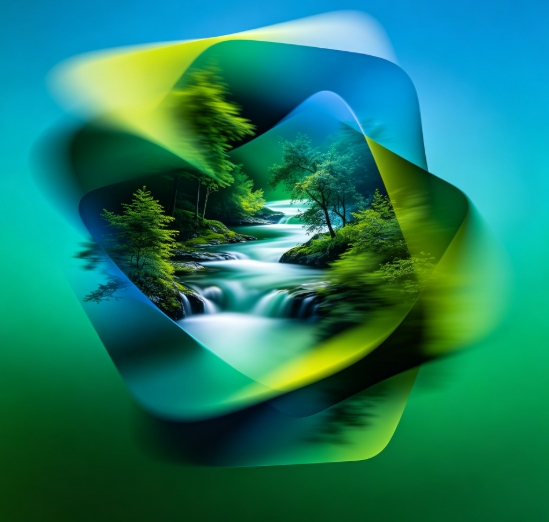 Forest stream combined with transparent geometric shapes.