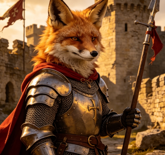Red fox medieval knight in front of castle.