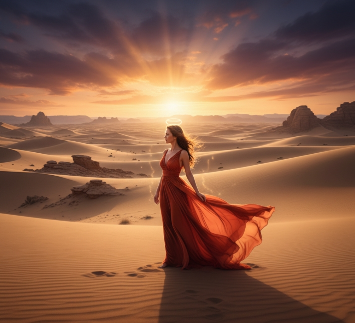 Ethereal woman in red dress with halo in golden desert sunset.