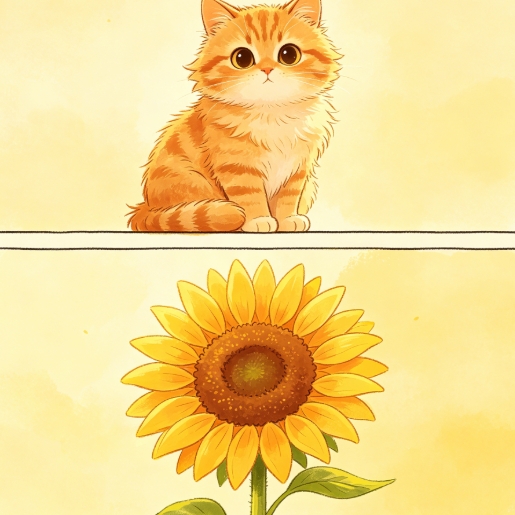 Orange cat and sunflower split top and bottom merge.
