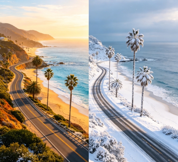 Coastal highway summer to winter season change.