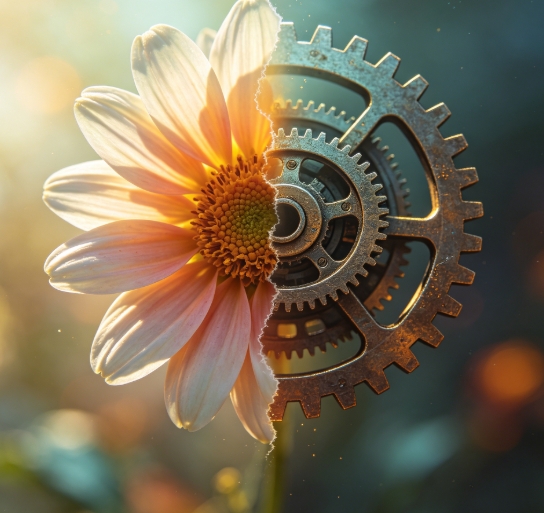 Daisy flower half combined with rusty metal gear.