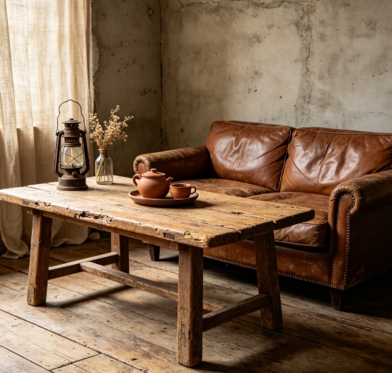Wabi-sabi living room with distressed walls.