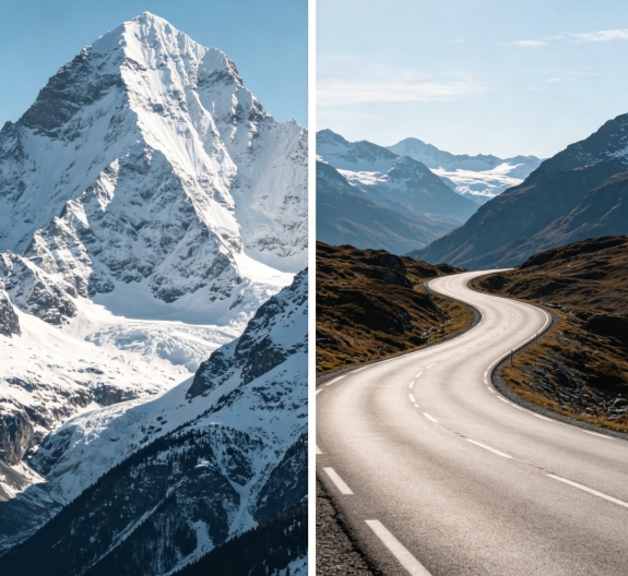 Snow mountain and winding road split side by side merge.