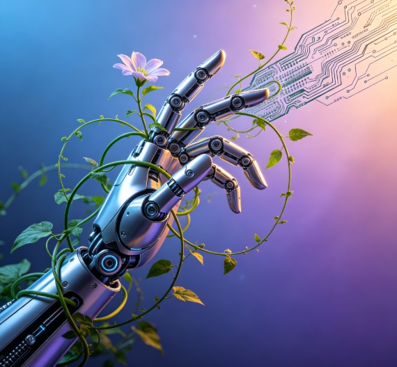 Robotic hand combined with green vines and flower.