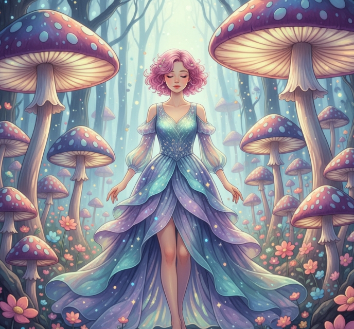 Dreamlike fantasy woman in a glowing mushroom forest with cosmic colors.