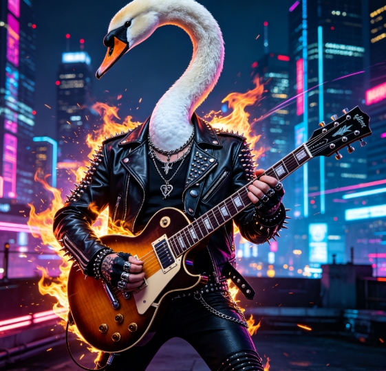 Swan head punk rock guitarist character swap.