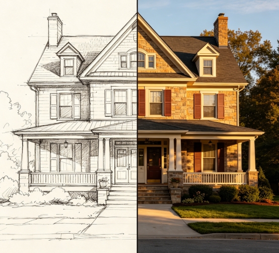 American house sketch to realistic photo.