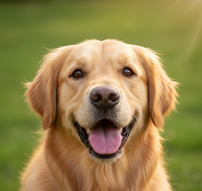 Smiling golden retriever close-up in lush green grass.