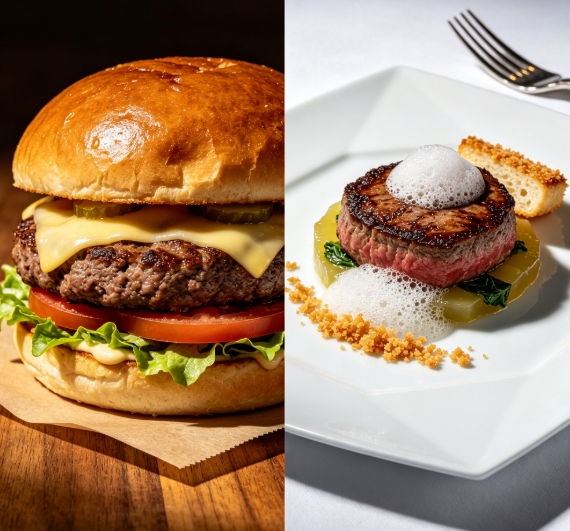 Casual burger to fine dining steak dish style upgrade.