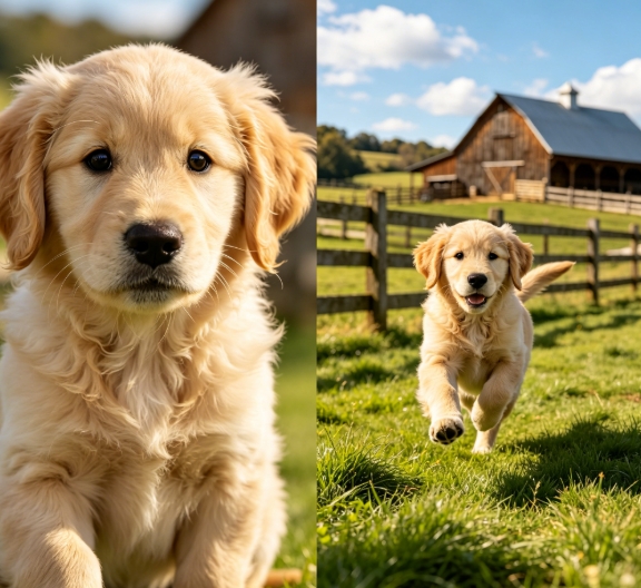 Golden retriever closeup to farm running outpainting.