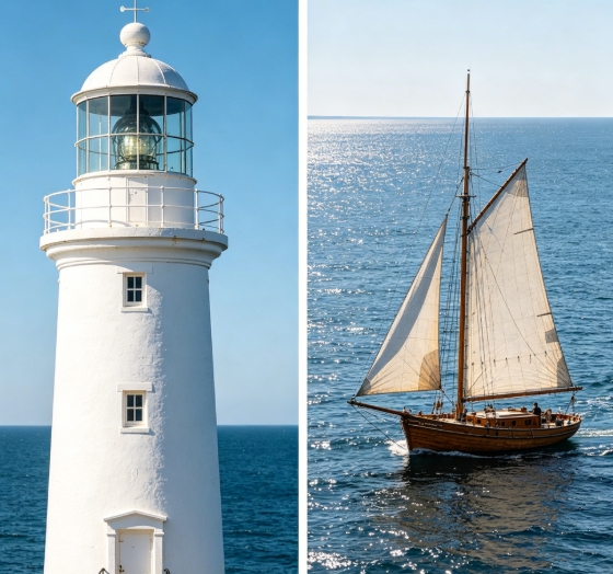 White lighthouse and sailboat split side by side merge.