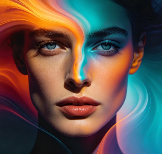 Woman portrait merged with colorful fluid light effects.