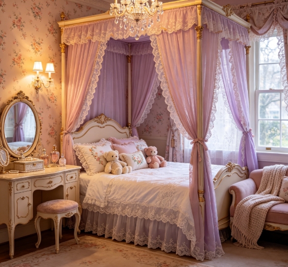 French princess bedroom with four-poster bed.