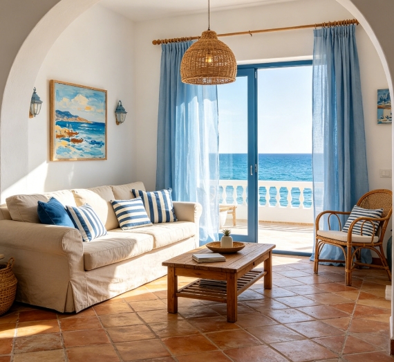 Mediterranean living room with ocean view.