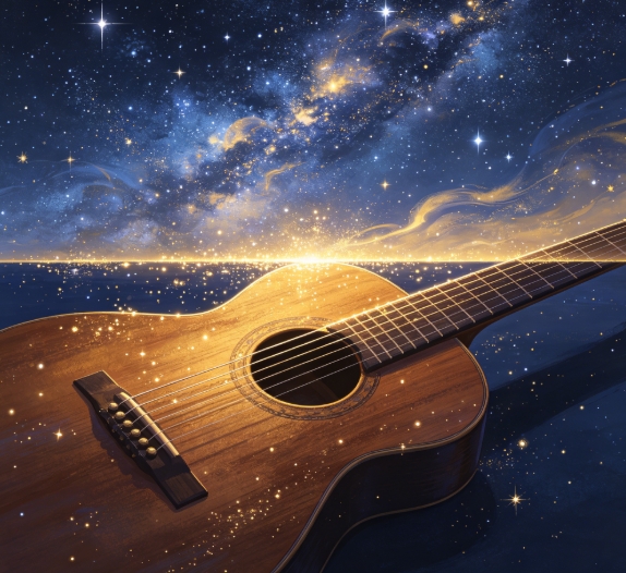 Starry galaxy and acoustic guitar split top and bottom merge.