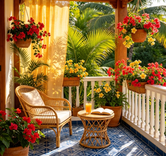 Tropical resort balcony with rattan furniture.