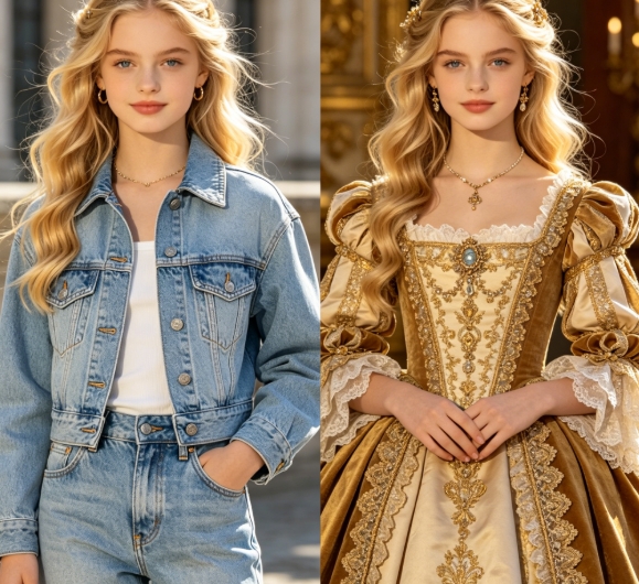 Girl denim to royal dress outfit change.