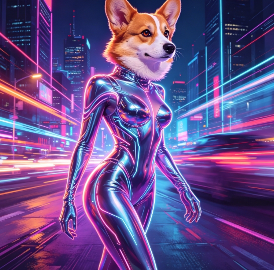 Corgi head cyberpunk female bodysuit body swap.