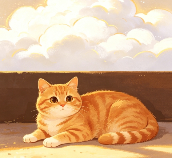 Cloud sky and orange cat illustration split top and bottom merge.