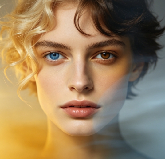 Dual portrait merge of woman with different hair and eye colors.
