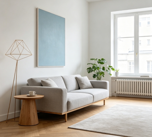Minimalist living room with gray sofa and blue artwork.