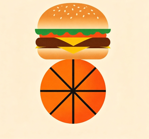 Hamburger and basketball split top and bottom merge.