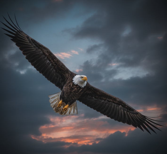 Magnificent bald eagle soaring with an AI cinematic filter applied