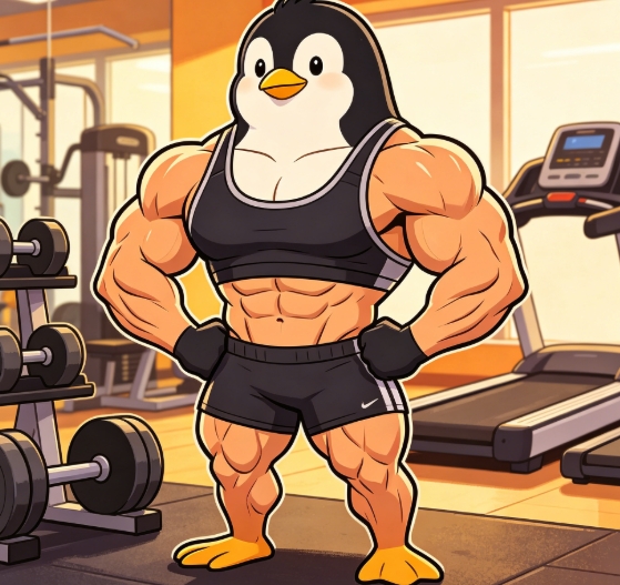 Penguin head muscular gym woman body swap.