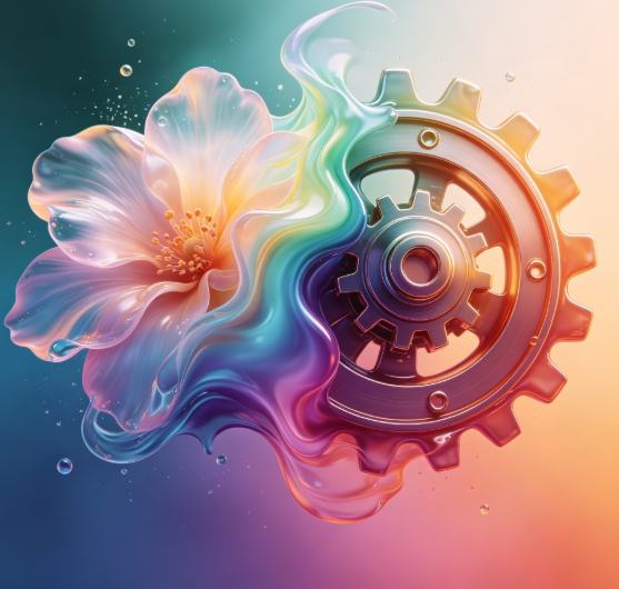 Flower and metal gear merged with rainbow liquid.