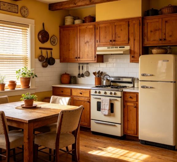 Warm yellow vintage farmhouse kitchen with wooden cabinets.