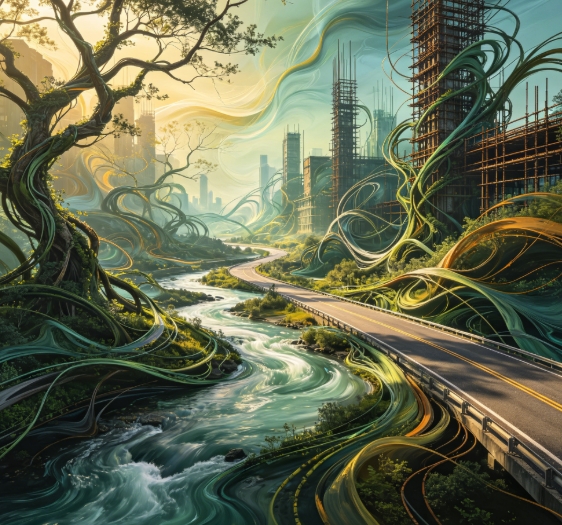 Nature river road merged with city buildings and vines.