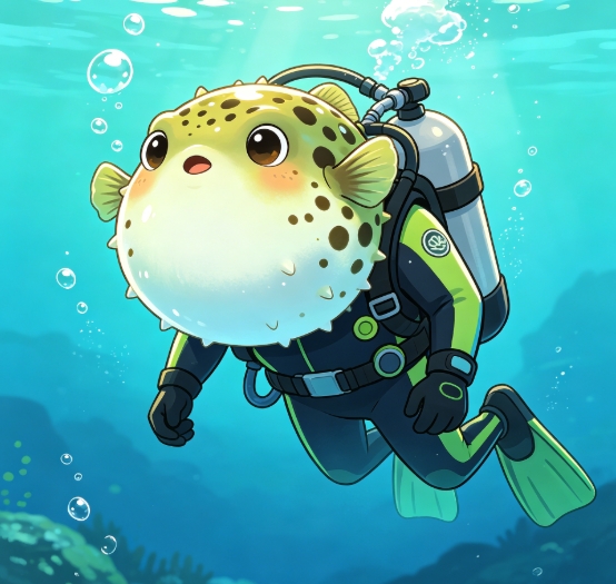 Pufferfish head scuba diver character swap cartoon.